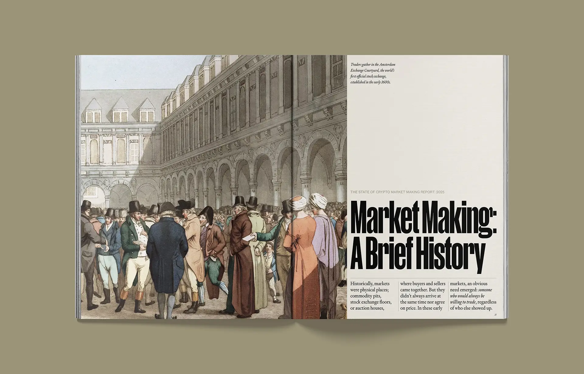 History Historic illustration of the Amsterdam Exchange Courtyard with text explaining the origins of market making and its evolution into modern financial markets.