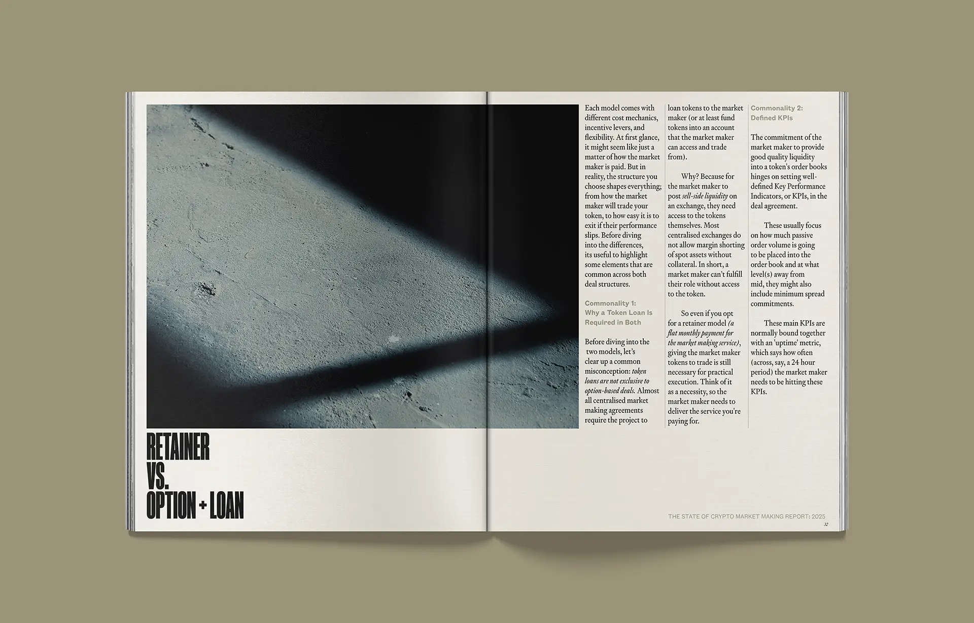 retainer ol Minimalist spread with abstract imagery and text outlining the differences between retainer agreements and option plus loan market making models.
