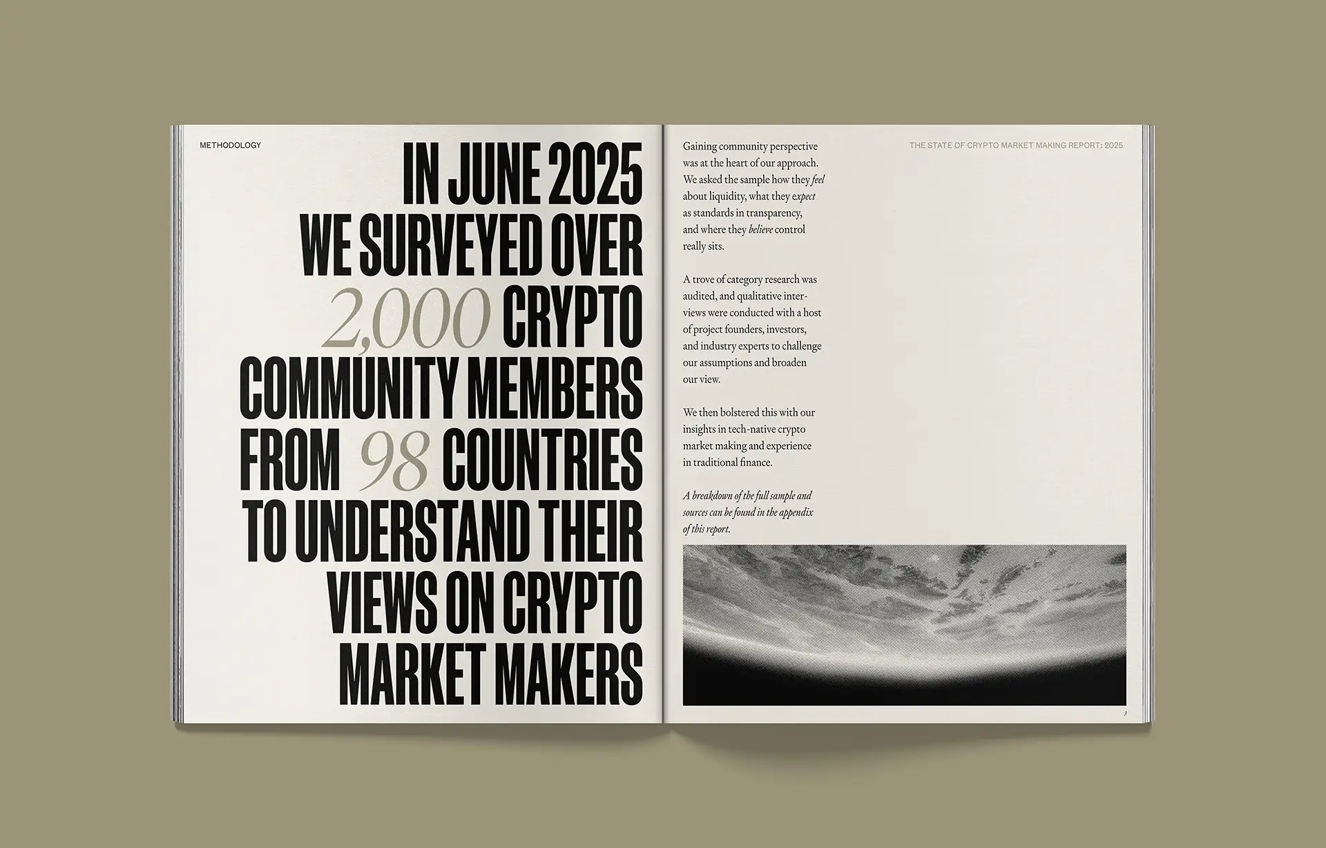 survey spread Bold typographic spread stating that in June 2025 over 2,000 crypto community members from 98 countries were surveyed about market makers.